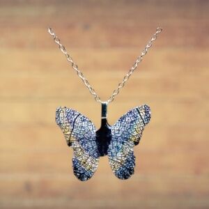 Indio Jewelry Blue Silver Metal Screen Print Silver Butterfly Necklace #7051
